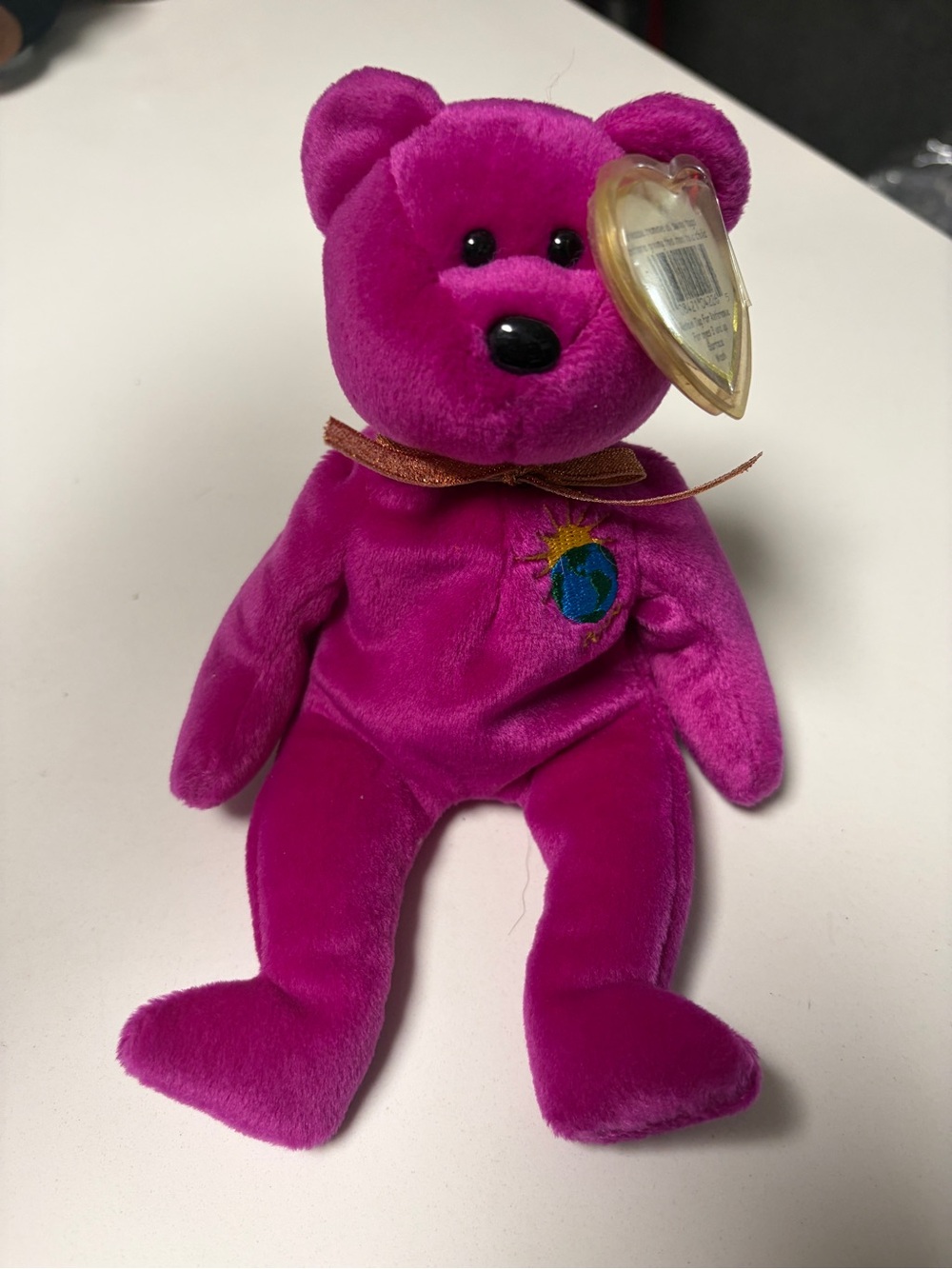 Plush Magenta Collectible Bear with Earth Embroidery